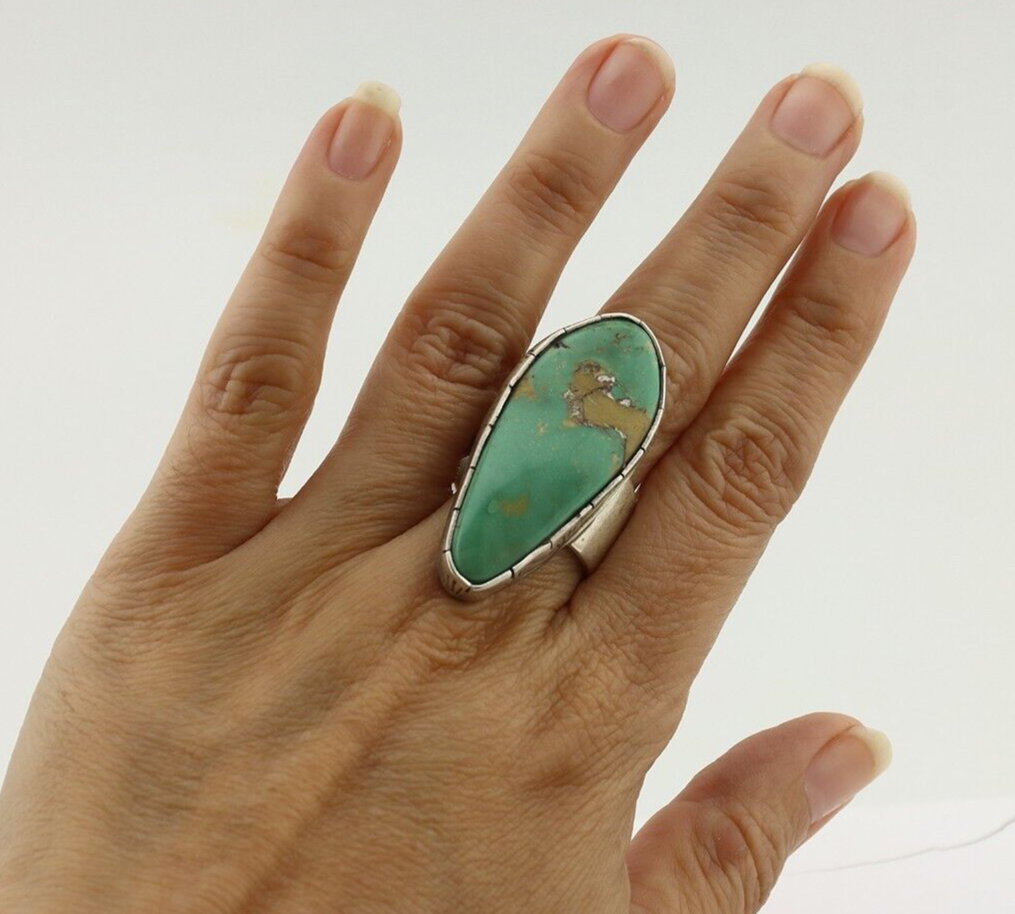 Navajo Ring 925 Silver Natural Green Turquoise Artist Signed M Guerro C.80's