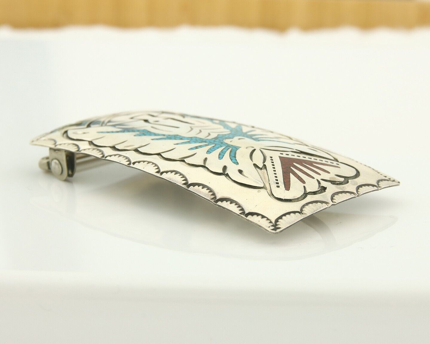 Vintage Navajo Belt Buckle 925 Sterling Silver Handmade Inlaid Gemstone Signed B