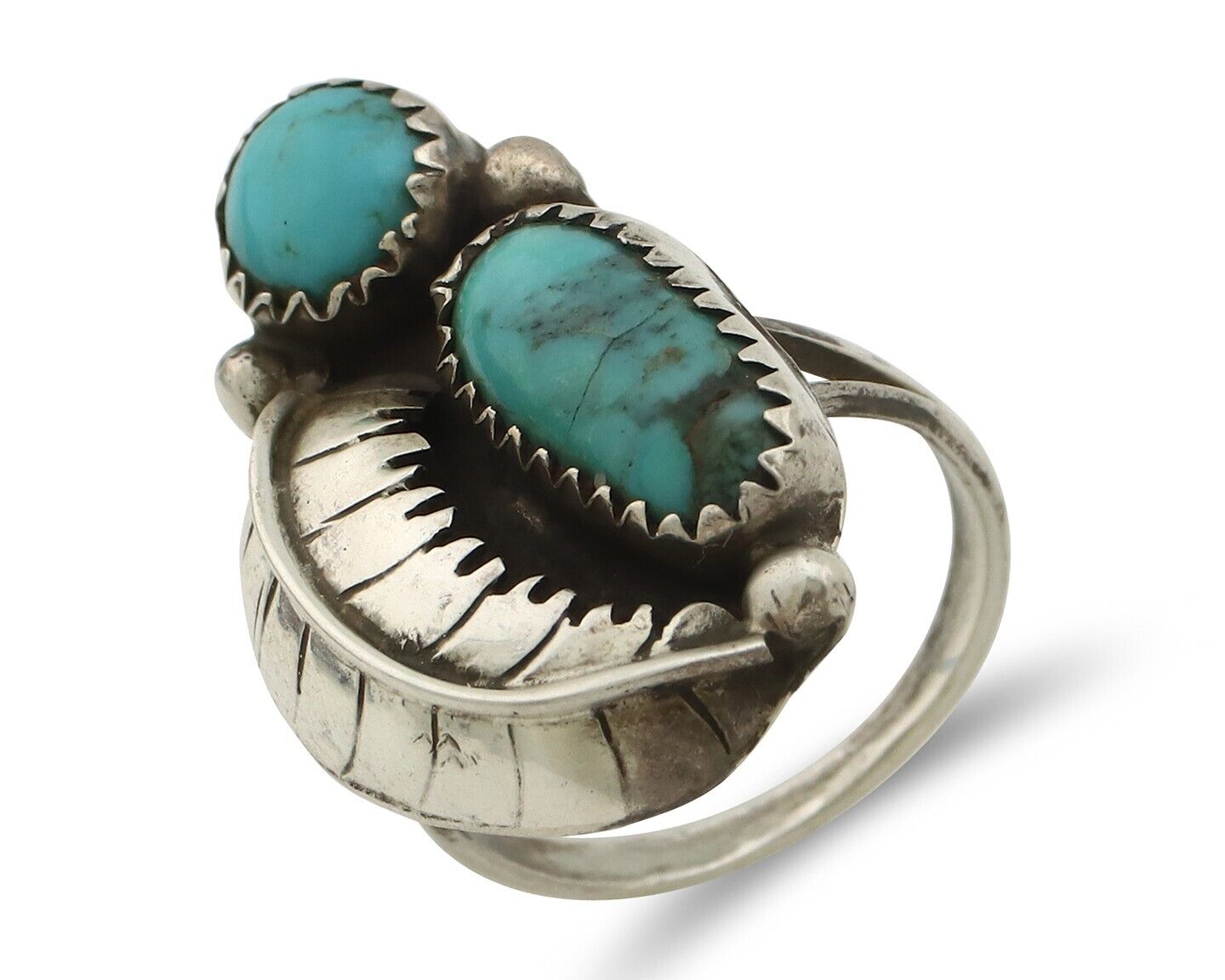 Navajo 2 Stone Ring 925 Silver Kingman Turquoise Native American Artist C.80's