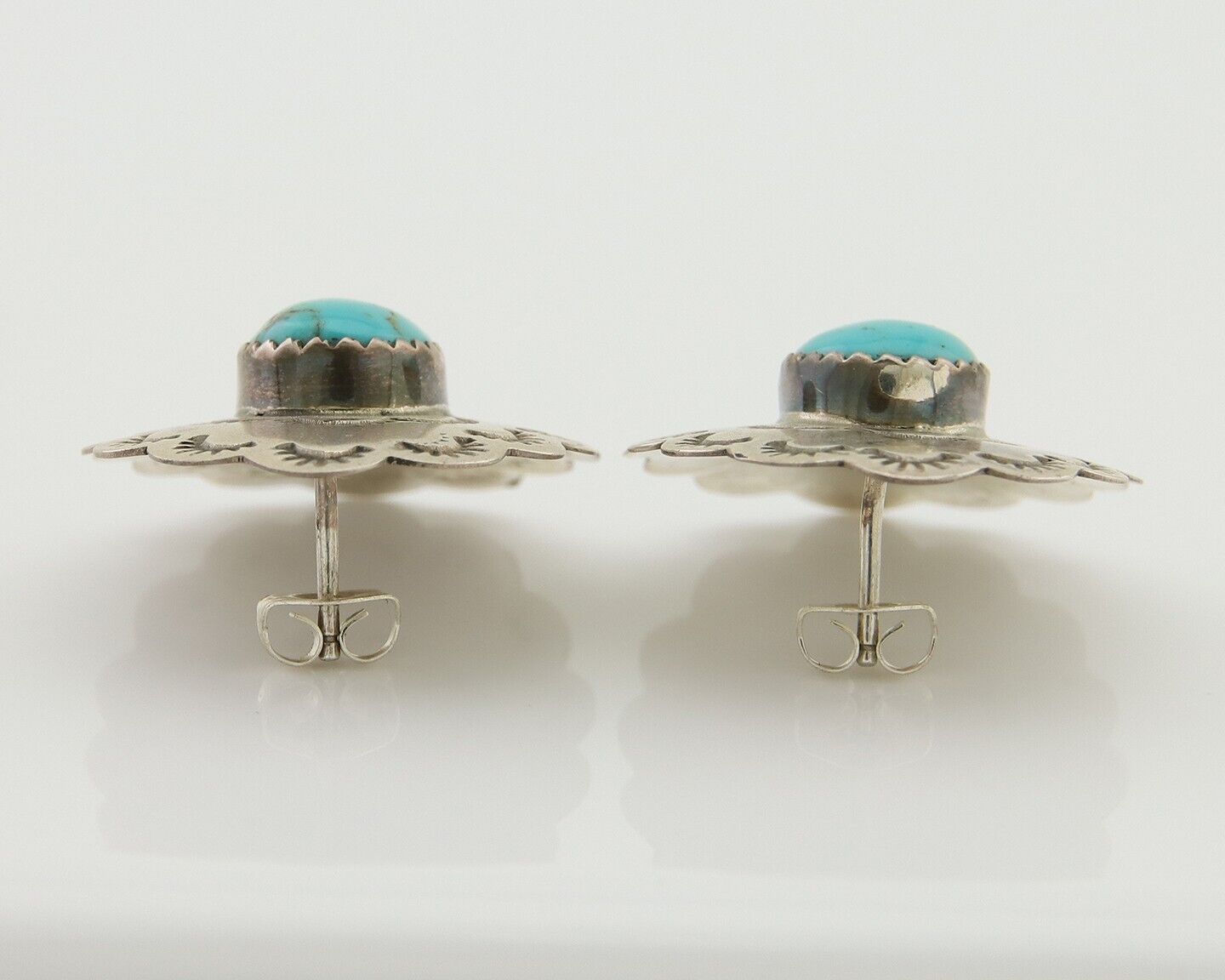 Navajo Hand Stamped Earrings 925 Silver Natural Turquoise Native Artist C.80's