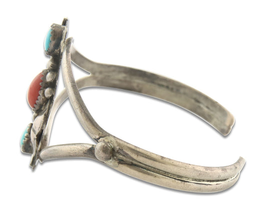 Vintage Navajo Bracelet 925 Silver Red Coral Turquoise Authentic