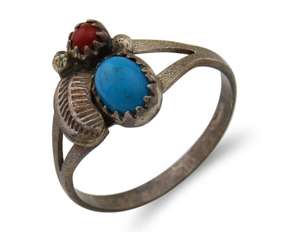 Navajo Handmade Ring 925 Silver Turquoise & Coral Native Artist C.80's