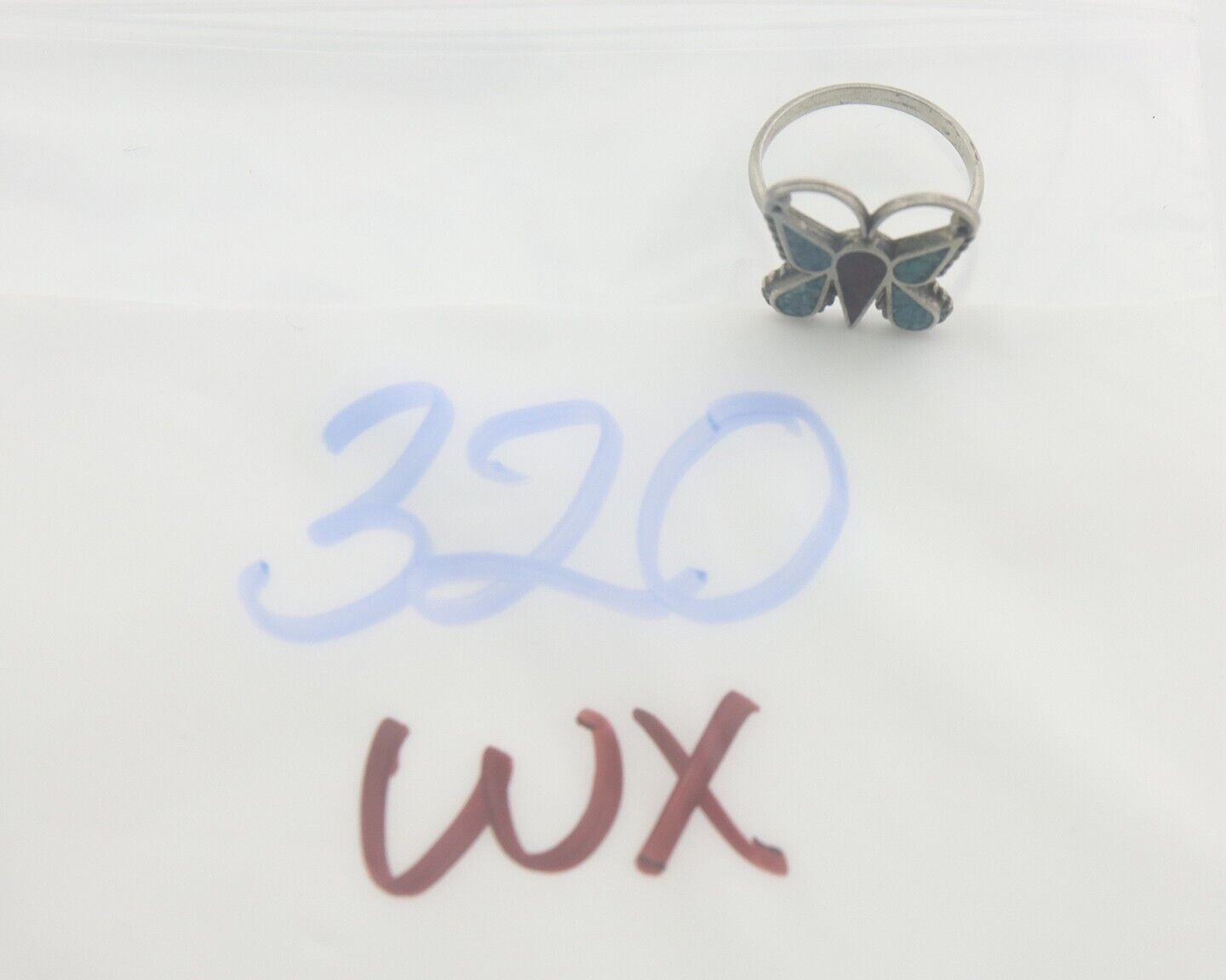 Navajo Ring 925 Silver Inlaid Butterfly Turquoise & Coral C.80's Size 5.5