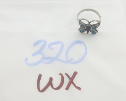 Navajo Ring 925 Silver Inlaid Butterfly Turquoise & Coral C.80's Size 5.5