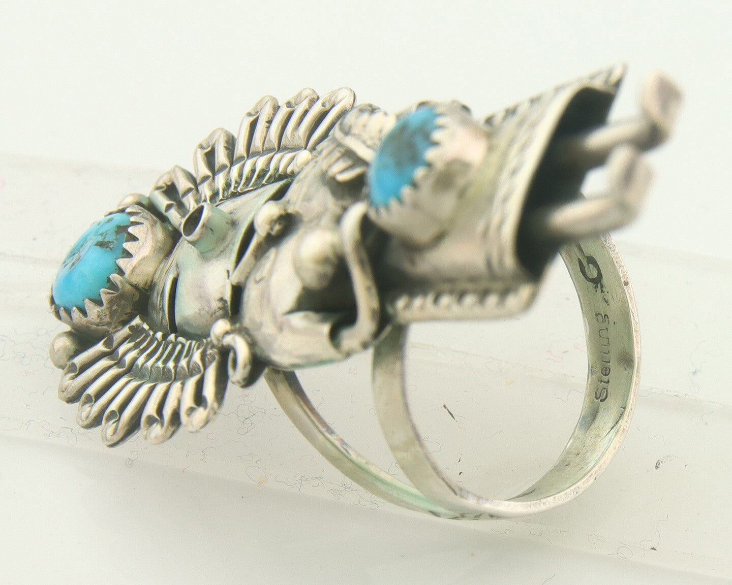 Vintage Navajo Kachina Ring 925 Sterling Turquoise Signed Gomez Size 8.25