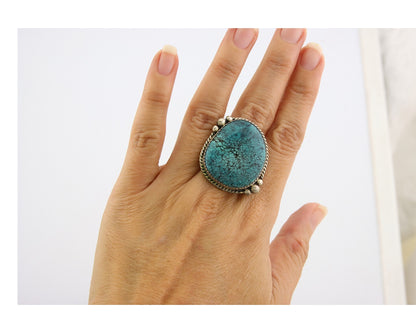 Navajo Ring 925 Sterling Spiderweb Blue Turquoise Native Artist C.80's Size 9.0