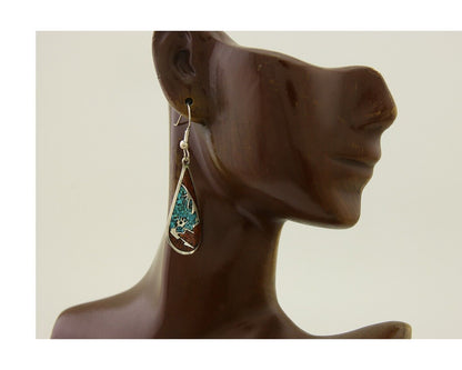 Navajo Kokopelli Earrings 999 Nickel Chip Inlay Turquoise Coral Native American