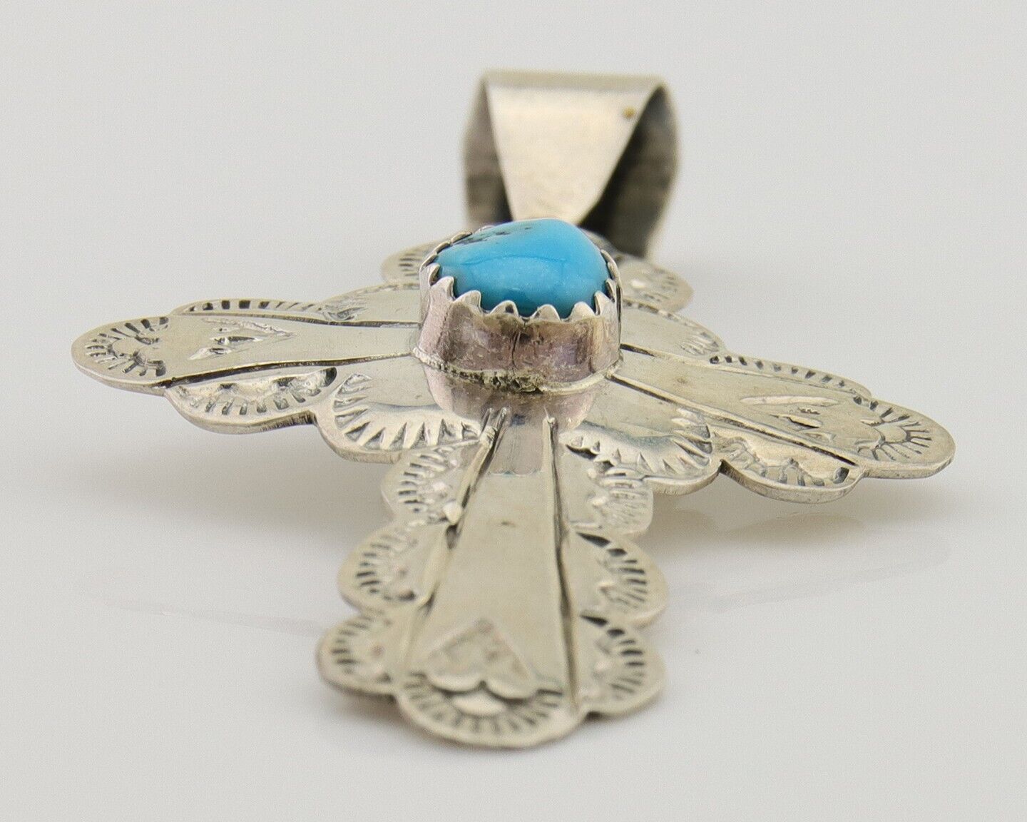 Navajo Cross Hand Stamped Pendant 925 Silver Turquoise Artist Gilbert Lee C.80s