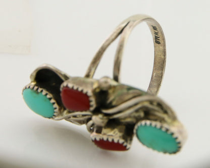 Navajo Handmade Ring 925 Silver Coral & Turquoise Native Artist C.80's