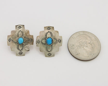 Navajo Hand Stamped Earrings 925 Silver Turquoise Native American Artist C.80's