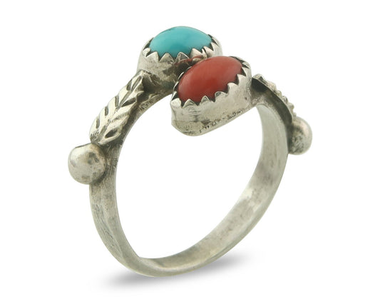 Vintage Navajo Band 925 Sterling Turquoise & Coral Native Artist Size 4.5