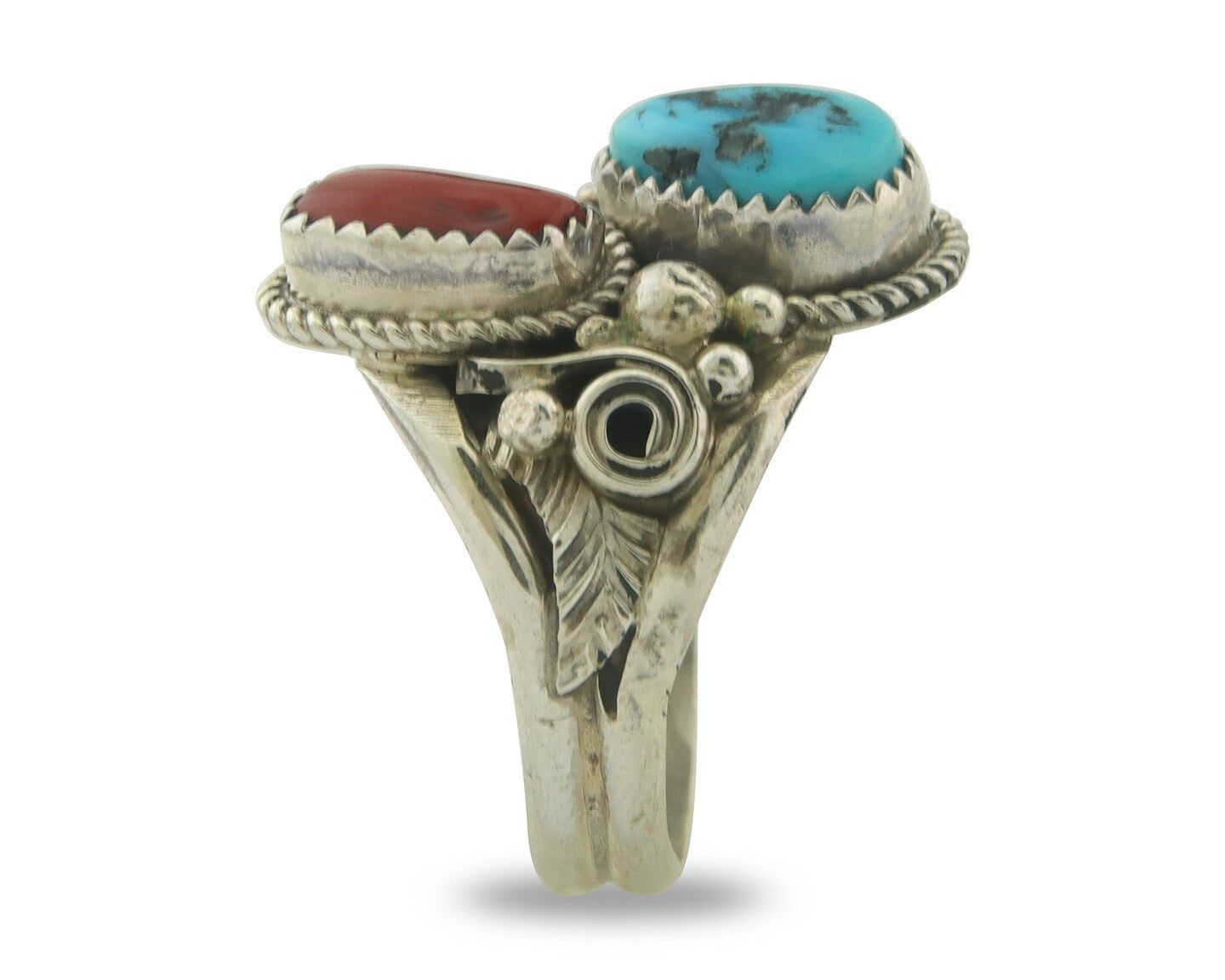 Men Navajo Ring 925 Sterling Natural Coral & Turquoise Signed JM C.80's Size 11