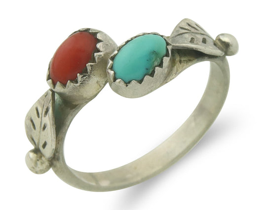 Vintage Navajo Band 925 Sterling Turquoise & Coral Native Artist Size Size 6.0