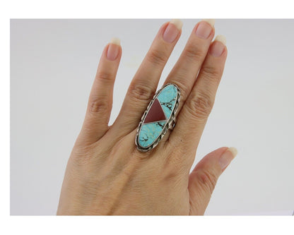 Navajo Ring 925 Silver Natural Turquoise Coral Signed Norman Lee Size 7.75