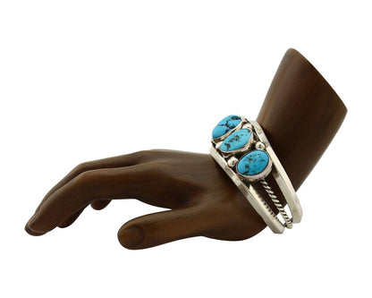 Navajo Bracelet 925 Silver Nugget Sleeping Beauty Turquoise Artist Signed JR C80
