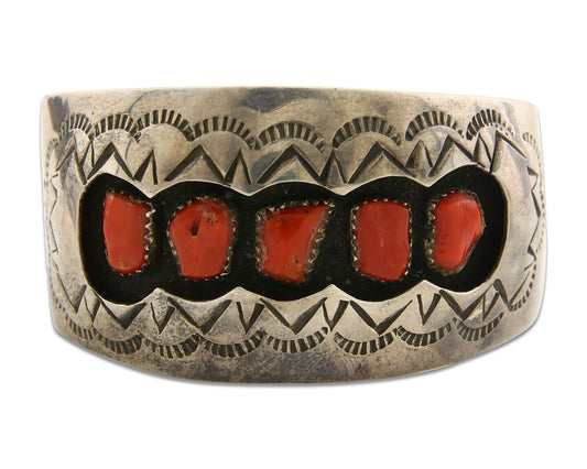 Navajo Bracelet .925 Silver Red Coral Cuff Artist Signed NP C.80's