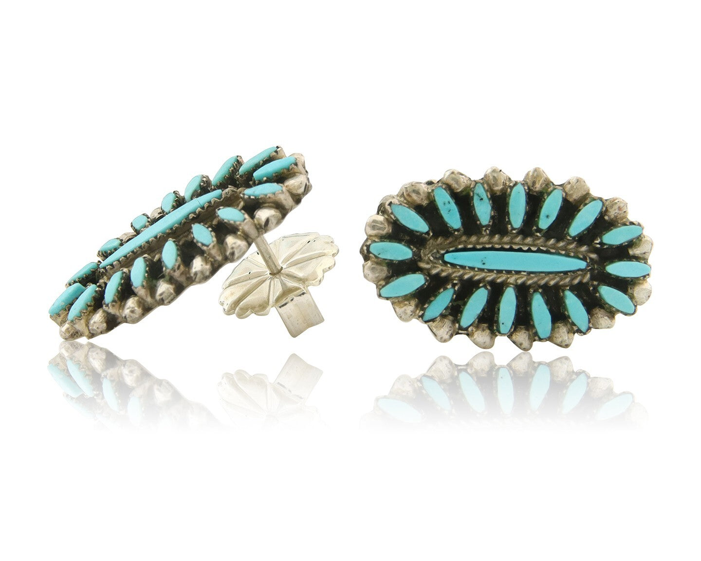 Zuni Concho Earrings 925 Silver Natural Turquoise Artist Signed LP C.80's