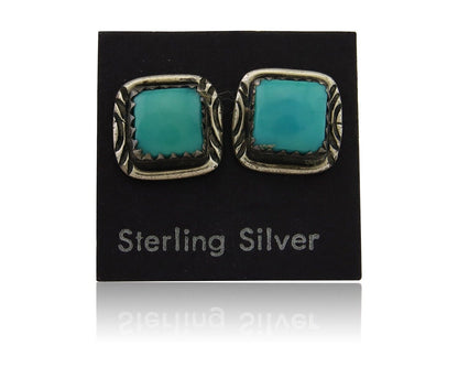Navajo Hand Stampied Earrings 925 Silver Blue Turquoise Native Artist C.80's