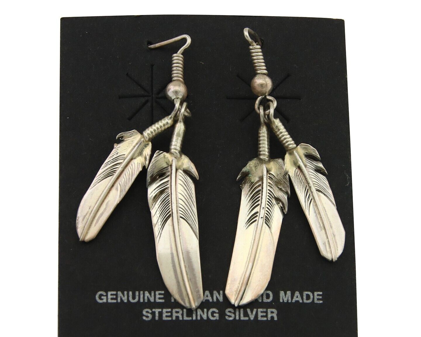 Navajo Earrings 925 Silver Dangle Eagle Feather Native American Artist C.80's