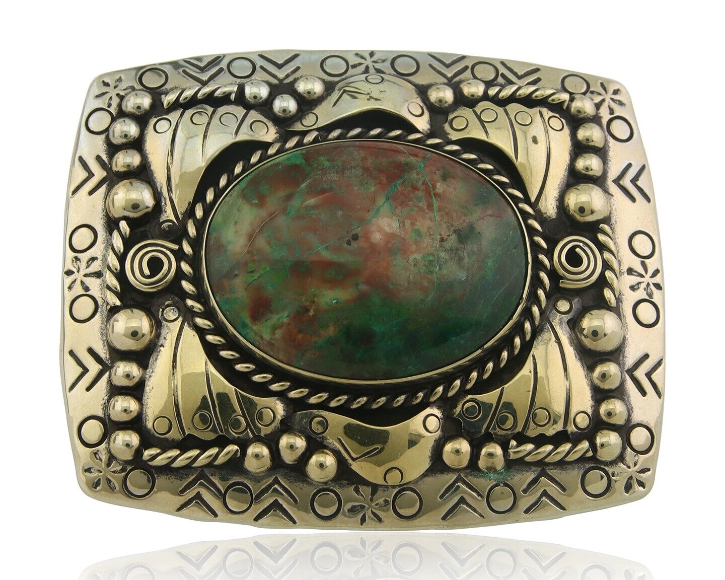 Navajo Belt Buckle .999 Nickel Agate Native Artist Handmade 2.5 x 3.0 in C.80s