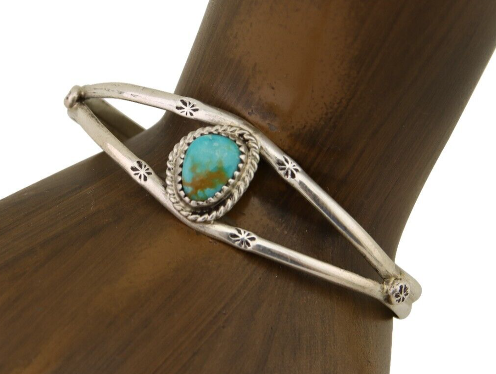 Navajo Hand Stamped Cuff Bracelet Turquoise 925 Silver Native American Artist