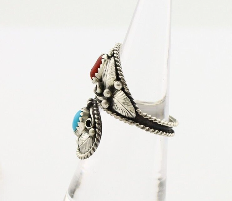 Navajo Adjustable Ring 925 Silver Turquoise & Coral Artist Signed Gecko C.80's
