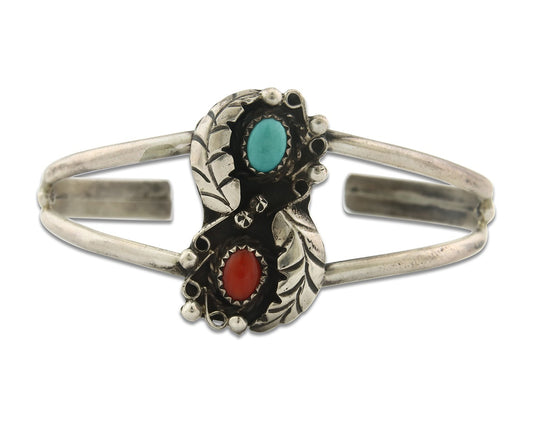 Vintage Navajo Bracelet 925 Silver Red Coral Turquoise Authentic