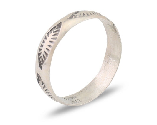 Navajo Hand Stamped Band 925 Silver 5.0 mm Signed Larry Chavez Size 8.5 C.80's