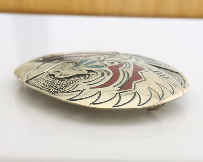 Navajo Belt Buckle .999 Nickel Buffalo Gemstone Signed Chee Keams 3x3.5 in C.80s