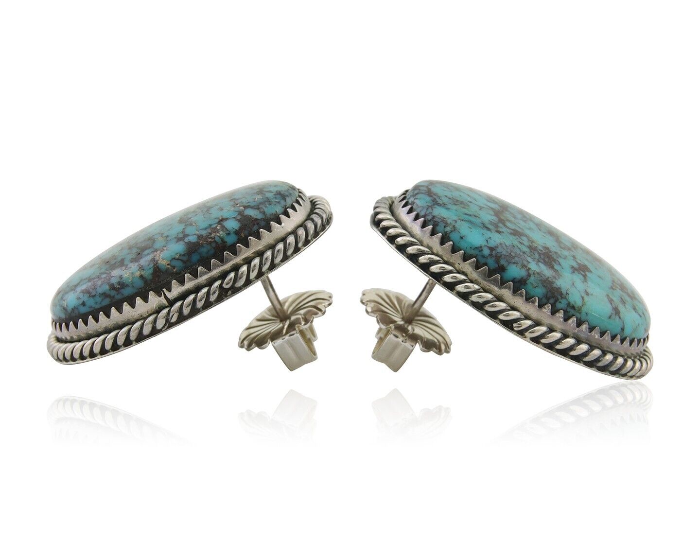 Navajo Earrings 925 Silver Blue Diamond Turquoise Signed Running Bear C.80's