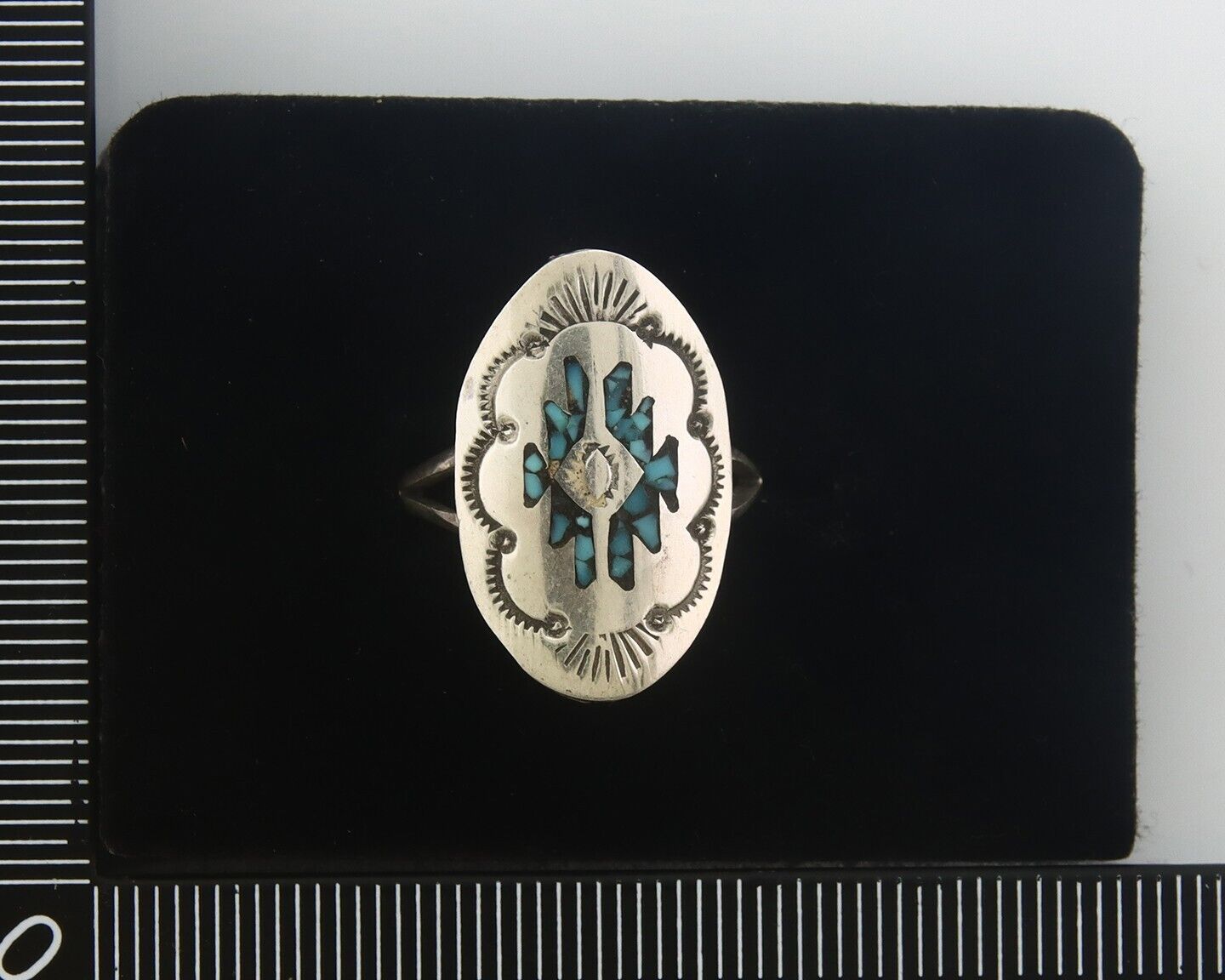 Navajo Ring 925 Sterling Natural Chip Inlay Turquoise C.80's Size 6.0