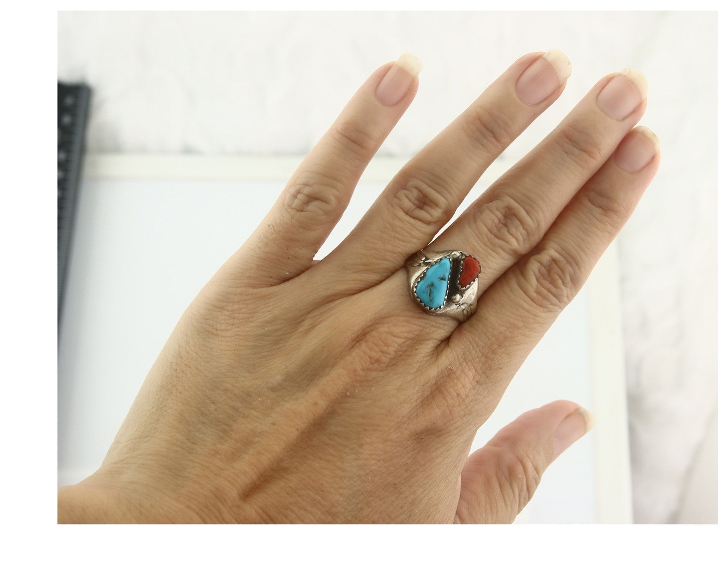 Vintage Navajo Ring 925 Sterling Silver Natural Gemstone Authentic Size 8.25