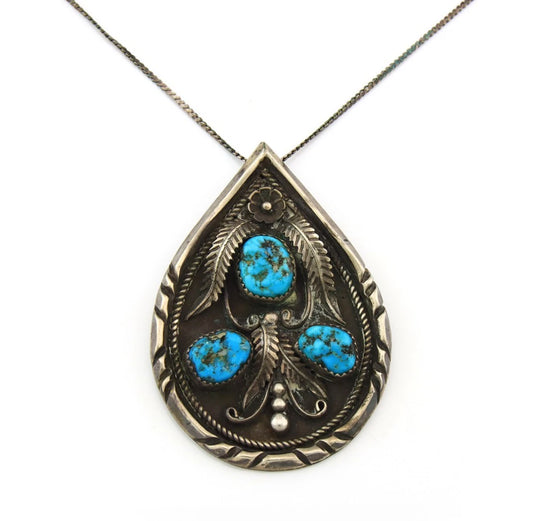 Navajo Necklace Sterling Silver Turquoise Vintage Signed L.D. Old Pawn