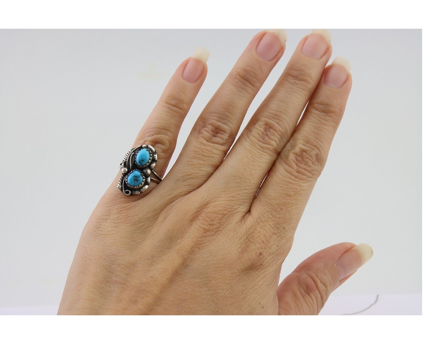 Navajo Ring 925 Silver Natural Blue Turquoise Artist Signed SC C.80's Size 4.0