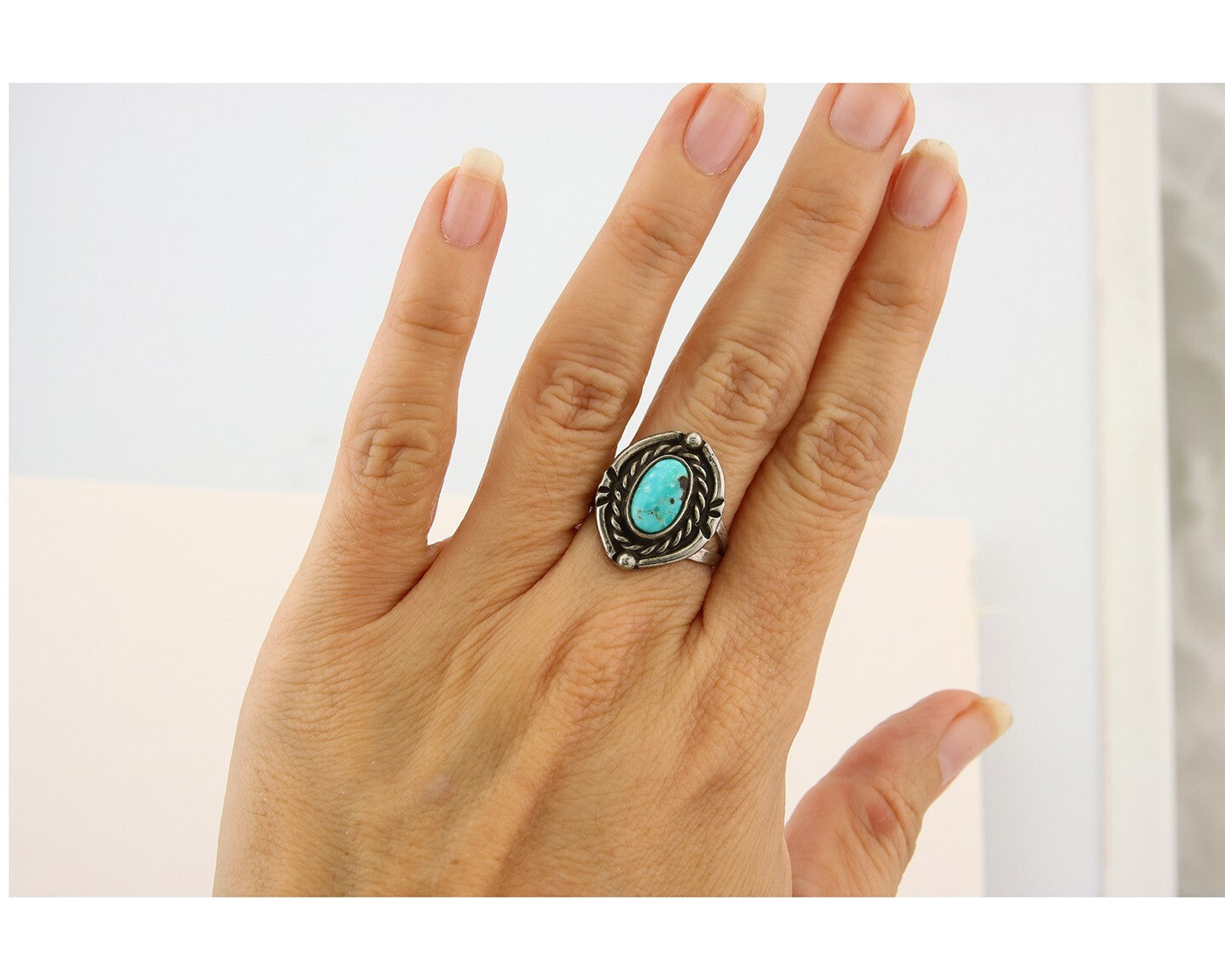 Navajo Ring 925 Sterling Natural Mined Arizona Turquoise C.80's Size 7.0
