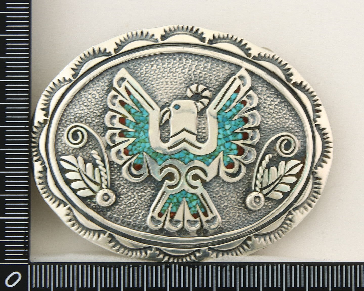 Navajo Belt Buckle 925 Sterling Silver Turquoise Coral Signed Stanley Bains C80s