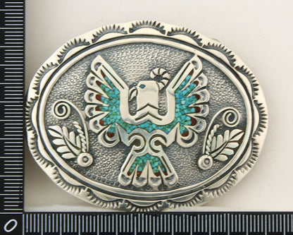 Navajo Belt Buckle 925 Sterling Silver Turquoise Coral Signed Stanley Bains C80s