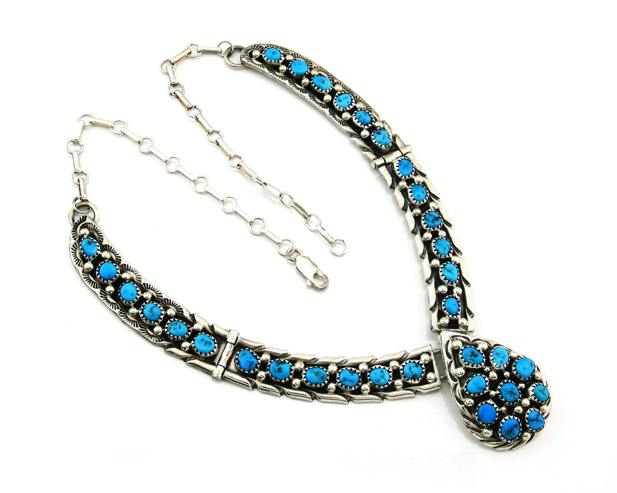 Navajo Necklace 925 Sterling Silver Natural Turquoise Vintage Signed D C.80's