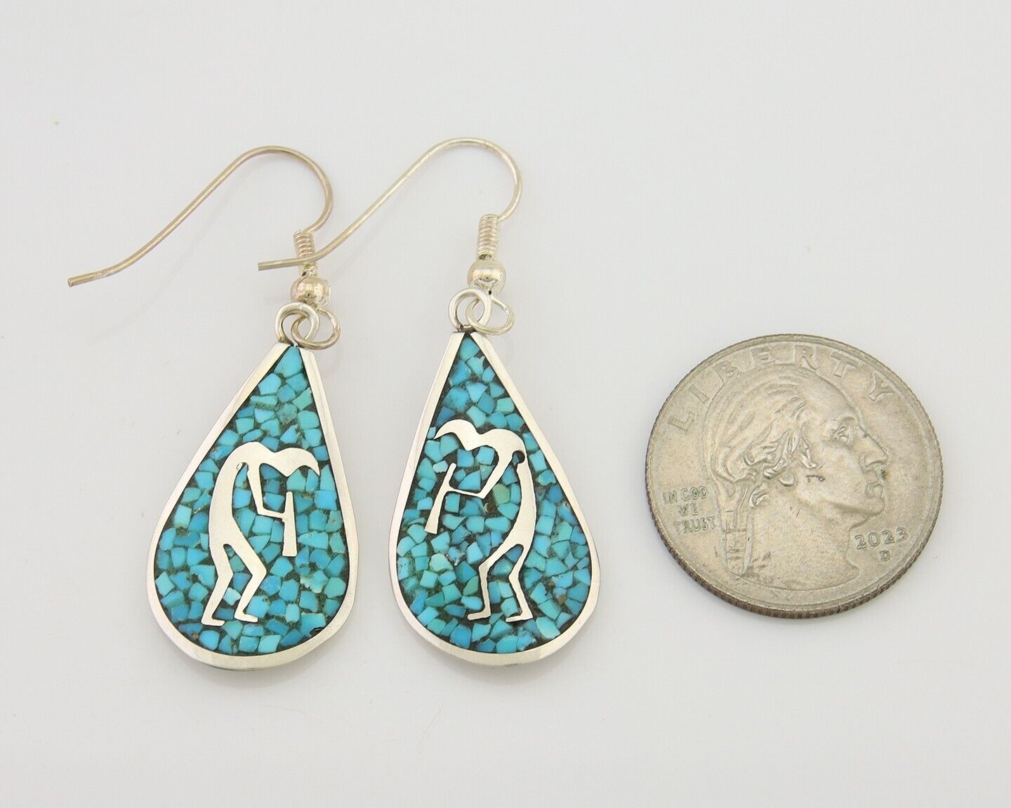 Navajo Kokopelli Earrings 999 Nickel Chip Inlay Turquoise Coral Native American