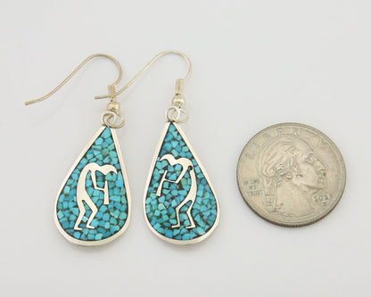 Navajo Kokopelli Earrings 999 Nickel Chip Inlay Turquoise Coral Native American