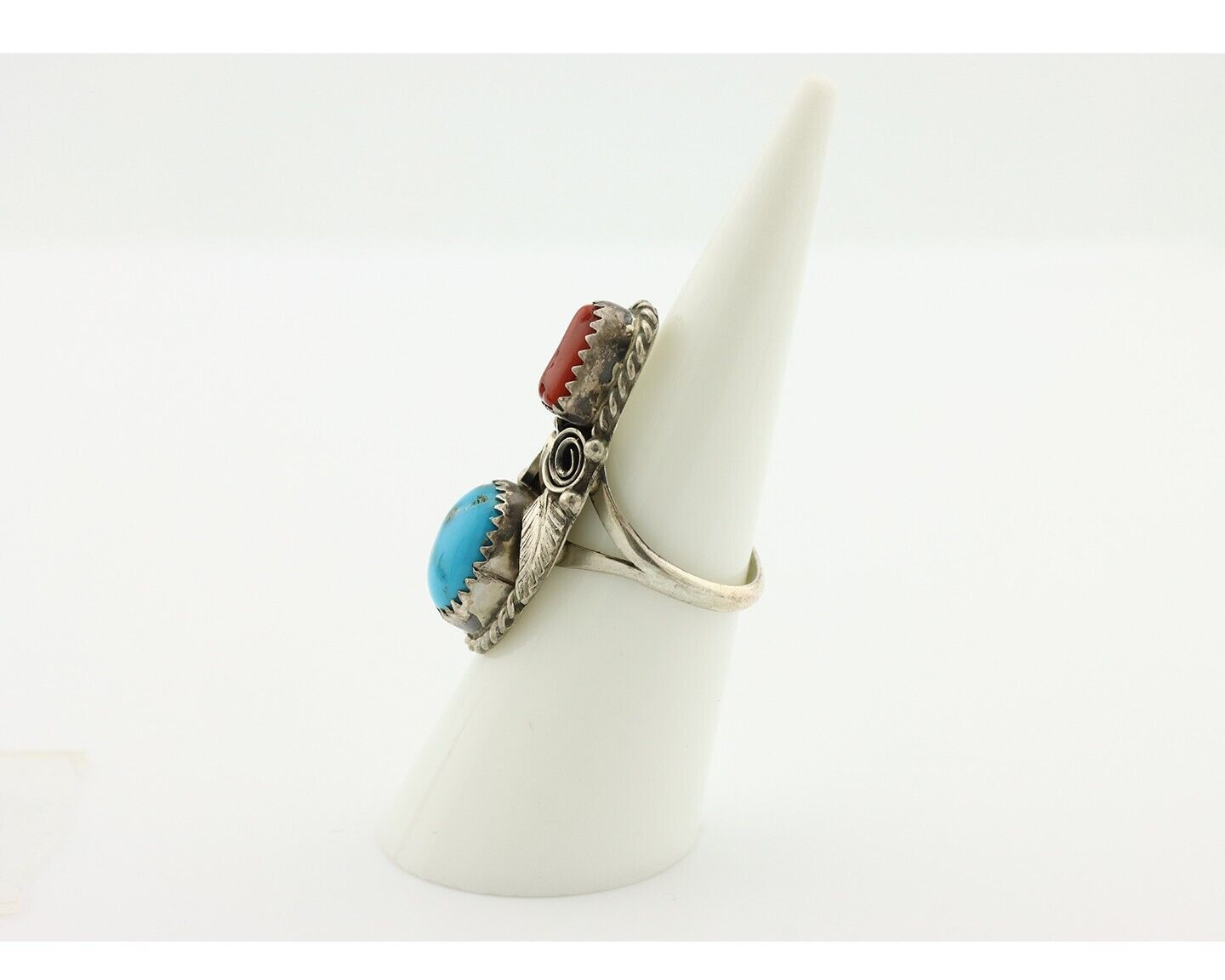 Navajo Ring 925 Silver Blue Turquiose & Coral Artist Signed Justin Morris C.80's