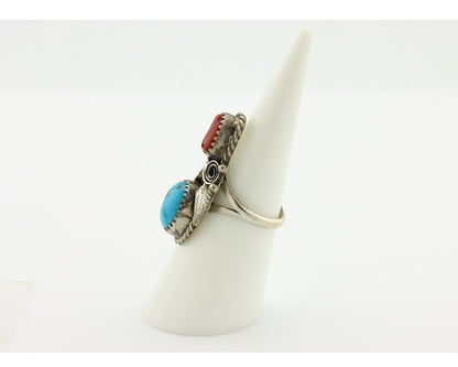 Navajo Ring 925 Silver Blue Turquiose & Coral Artist Signed Justin Morris C.80's