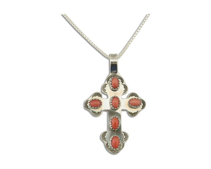 Navajo Cross Necklace 925 Silver Mediterranean Coral Artist Signed CB C80s
