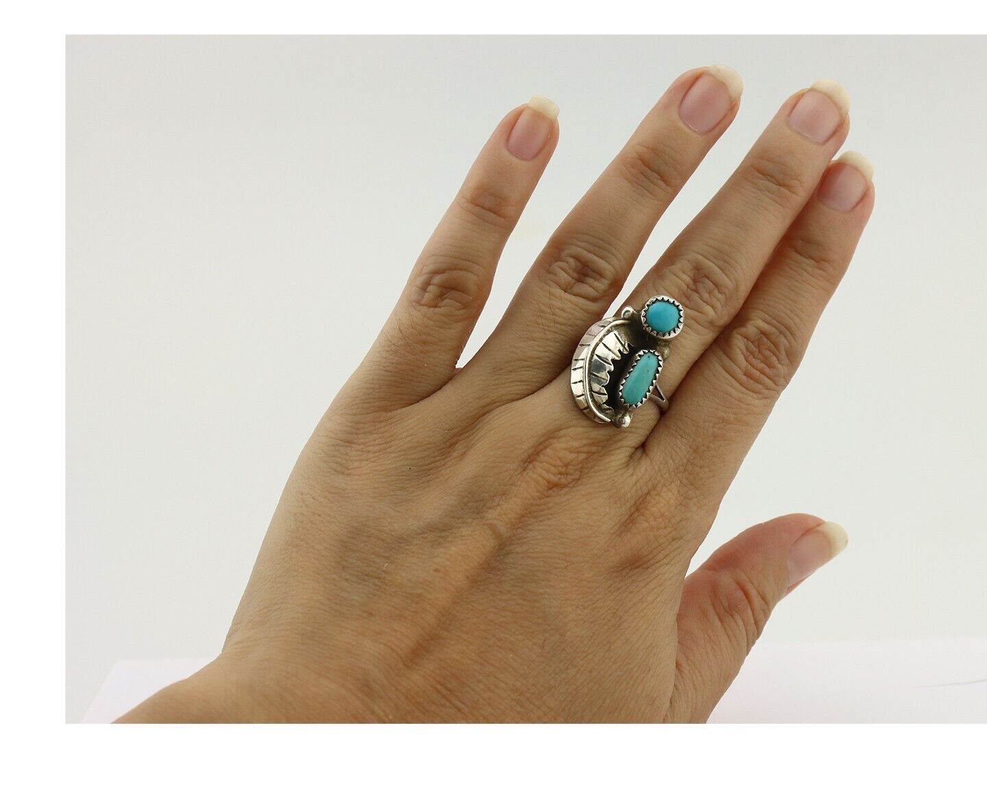 Navajo 2 Stone Ring 925 Silver Kingman Turquoise Native American Artist C.80's