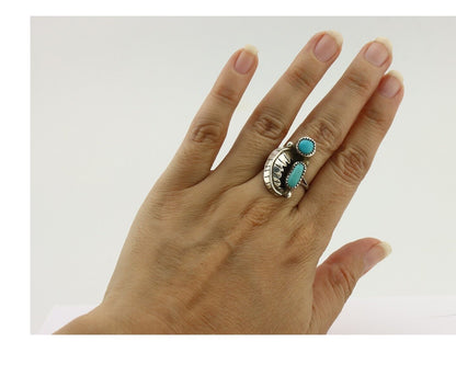 Navajo 2 Stone Ring 925 Silver Kingman Turquoise Native American Artist C.80's
