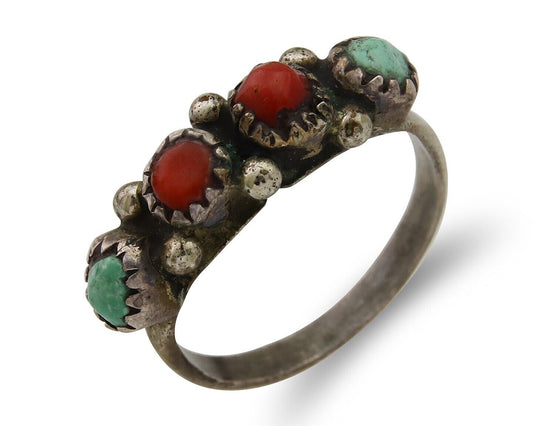Navajo Ring 925 Silver Turquoise & Coral Native American Artist C.80's