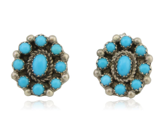 Navajo Shield Earrings 925 Silver Natural Turquoise Signed Nathaniel Curley C80s