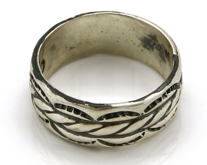 Navajo Ring .925 Silver Handmade Hand Stamped 3 Row Rope Band C.1980s Size 10.75