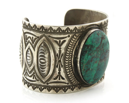 Large Navajo Cuff Bracelet Sterling Silver Turquoise Signed HS Vintage Handmade