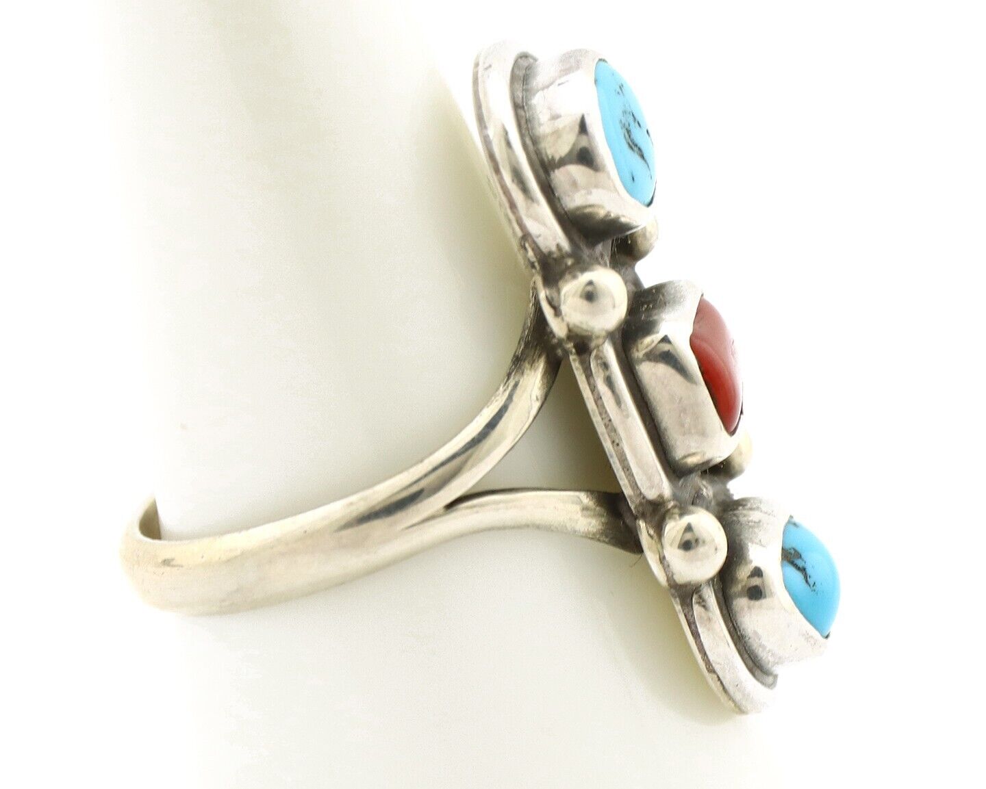 Navajo Ring 925 Silver Sleeping B Turquoise & Coral Native American Artist C.80s
